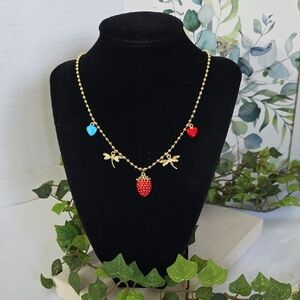 Gold Filled Chain Necklace with Strawberry Heart Dragonfly Charms